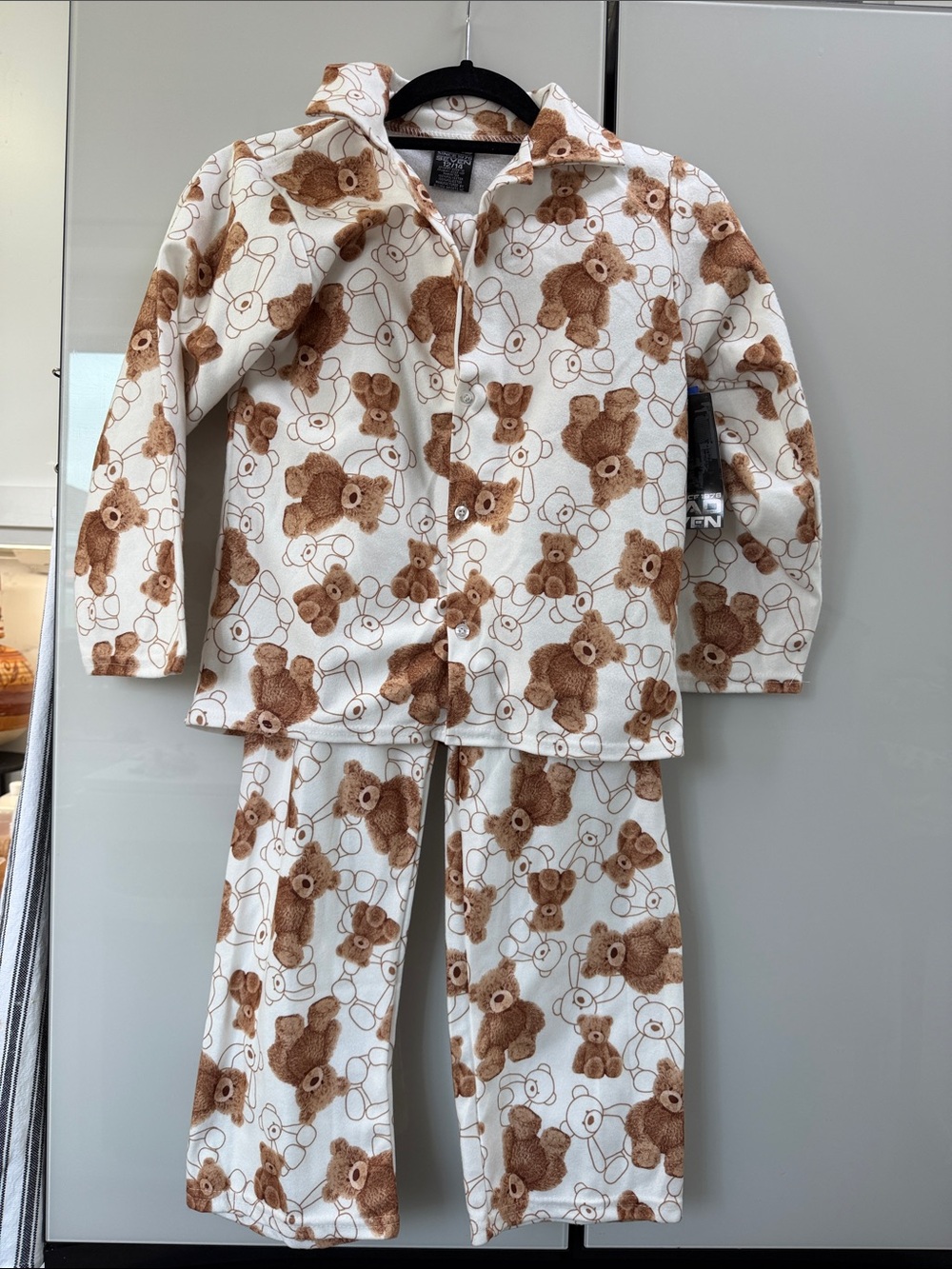 Teddy Bear Fleece Pajama Set in White and Brown - Kids